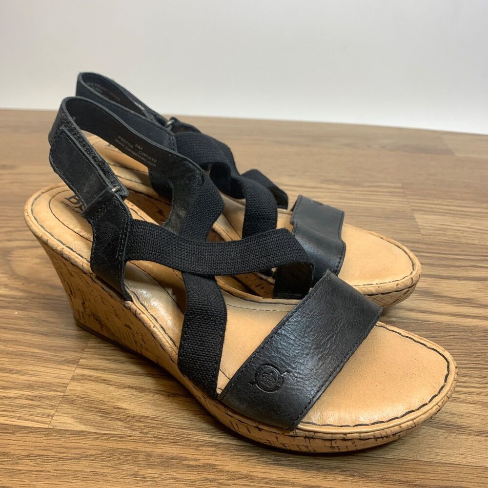 Women’s 8 M Born Strappy Black 3" Cork Wedge Heel Sandals Leather Stretch Fabric